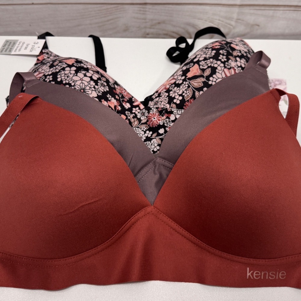 Kensie 3 Pack Wire Free Bras 34DD Rust Mauve Black Floral 3PKBRA716 NWT